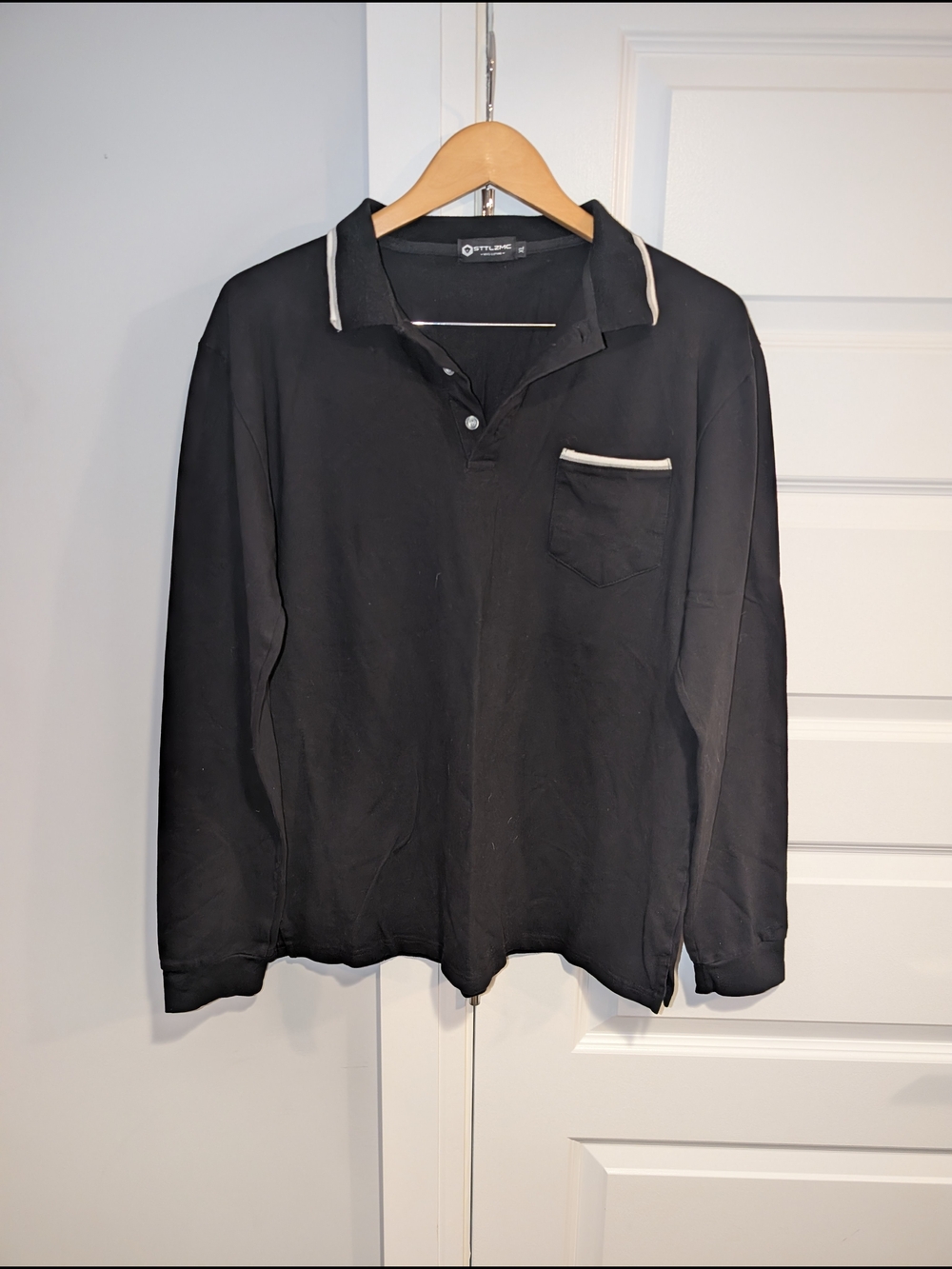 Black Long-Sleeve Polo Shirt with Contrast Trim